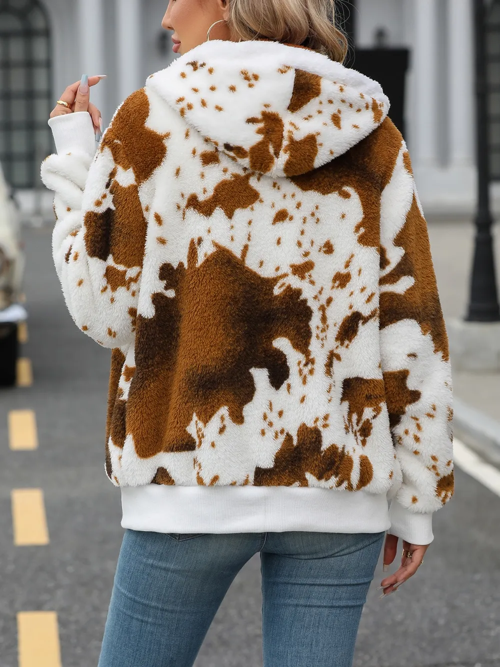 Fuzzy Drawstring Zip Up Hooded Jacket, image 2