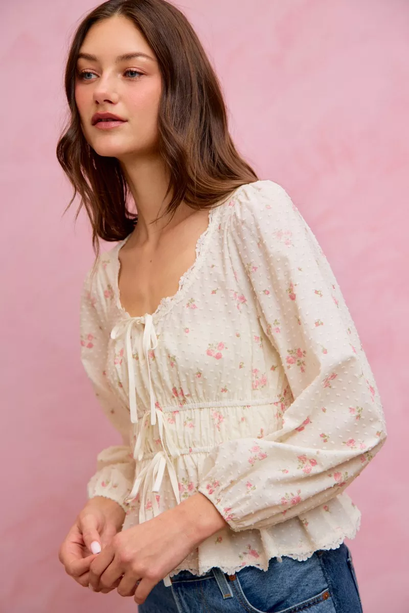 Floral Clip Dot Lace Trim Ruched Bodice Blouse, image 17