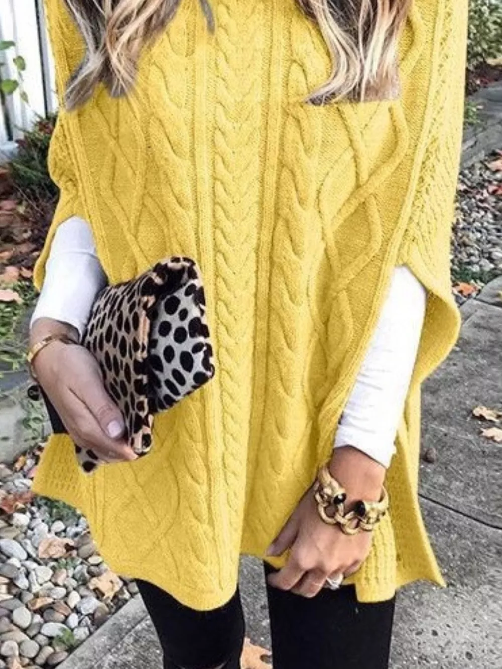 Chunky Cable Knit Turtleneck Poncho Cover Up, image 7
