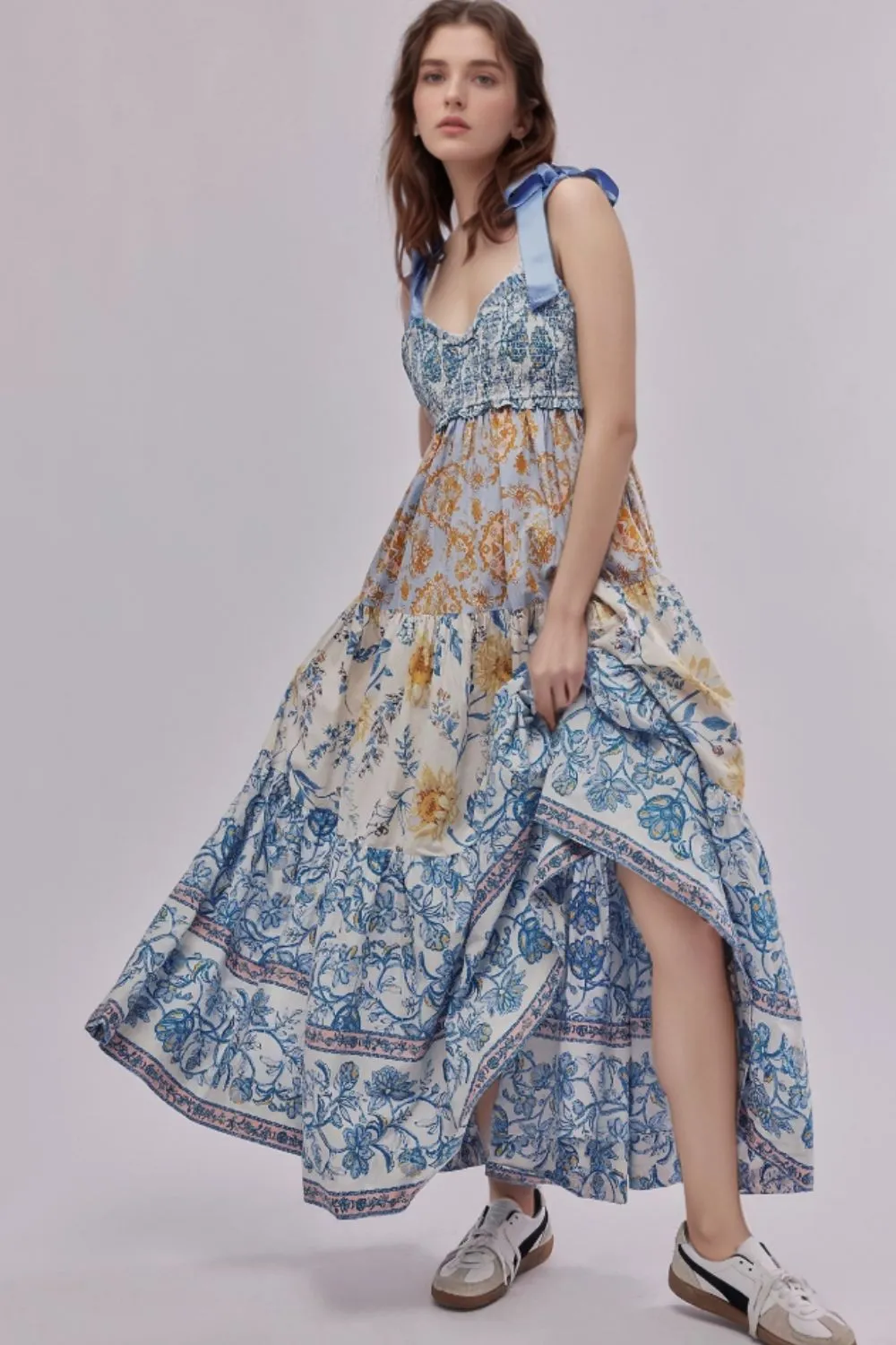 Floral Tiered Maxi Dress with Mixed Print Design, image 13