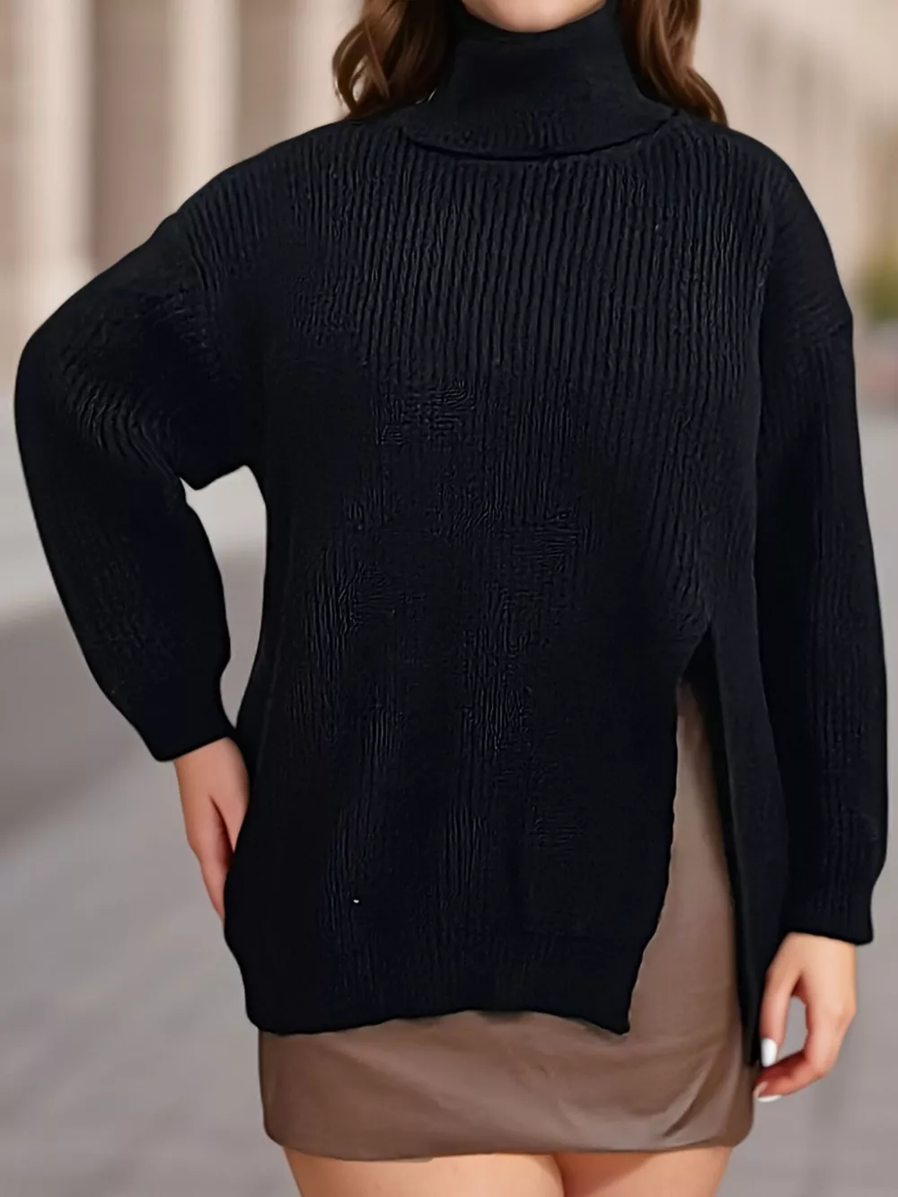Plus Size Side Slit Ribbed Turtleneck Sweater, image 4