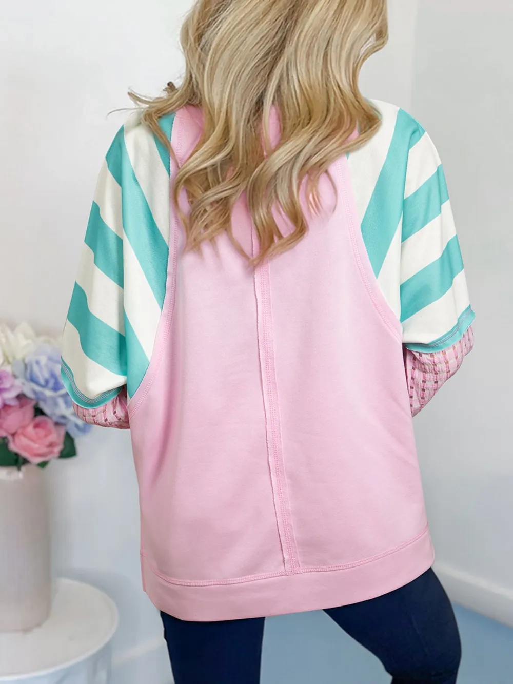Striped Color Block Patchwork Raglan Sleeve Top with Slits, image 2