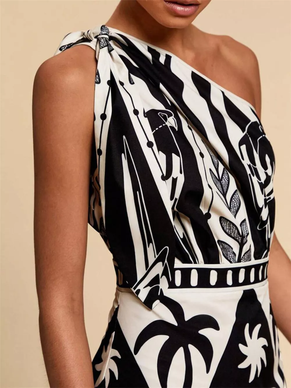 One-Shoulder Tropical Print Midi Dress, image 2