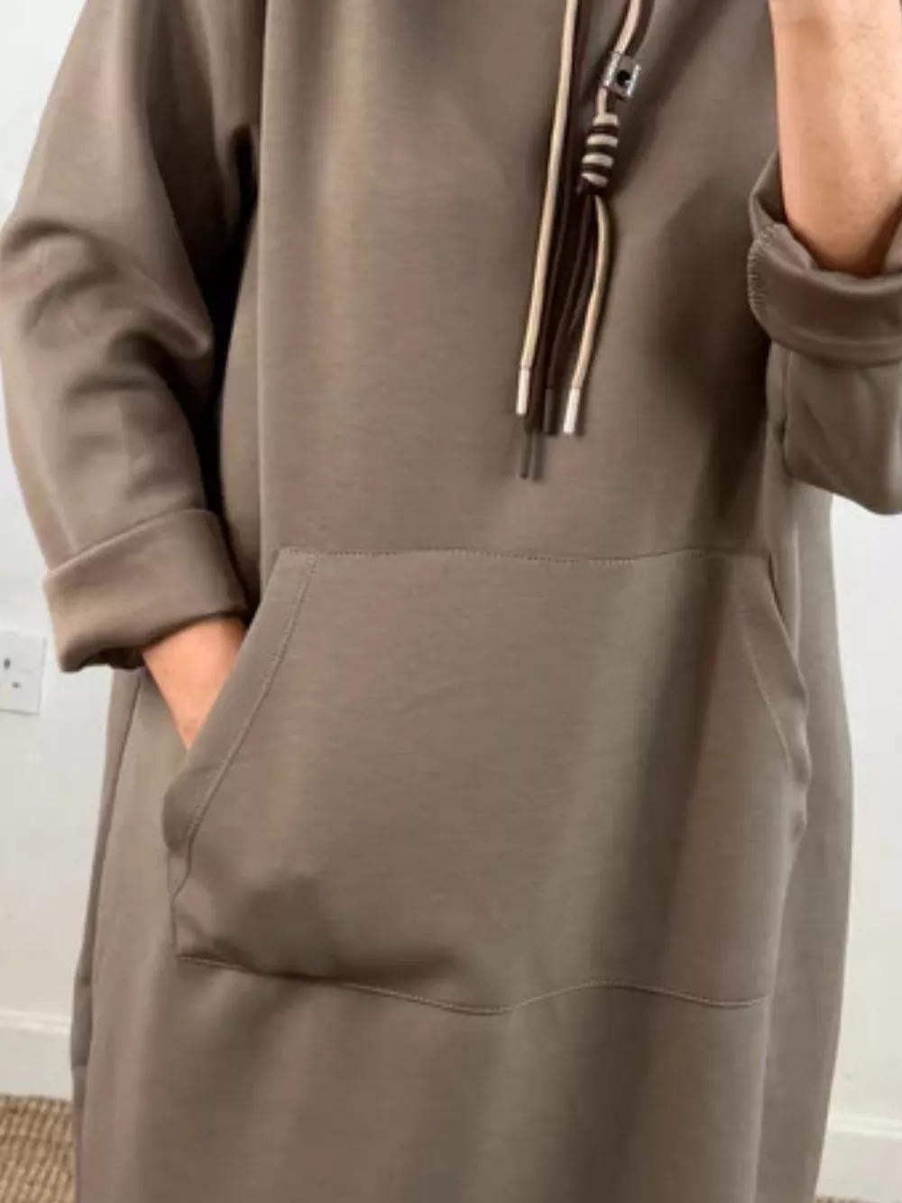 Full Size Casual Drawstring Hooded Sweatshirt Dress Plus Size, image 14