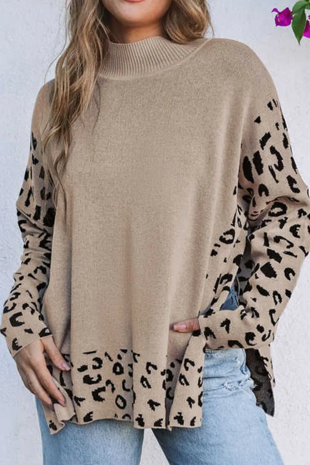 Slit Leopard Mock Neck Dropped Shoulder Sweater, image 7