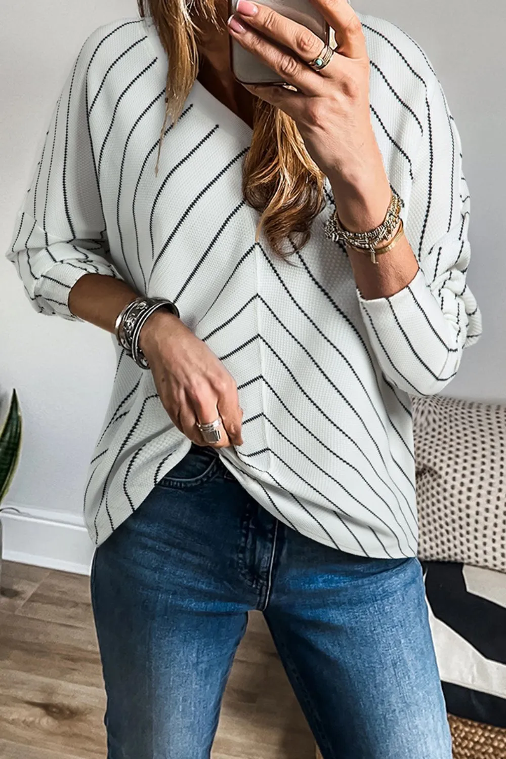 Striped V-Neck Long Sleeve Blouse, image 4