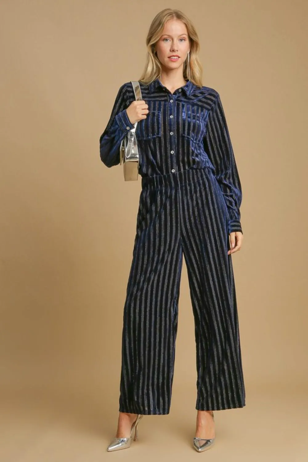Full Size Elastic Waist Striped Wide Leg Velvet Pants, image 4
