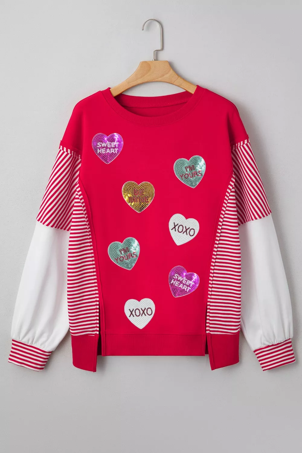 Valentines Day Sequin Heart Striped Color Block Patchwork Sweatshirt, image 4