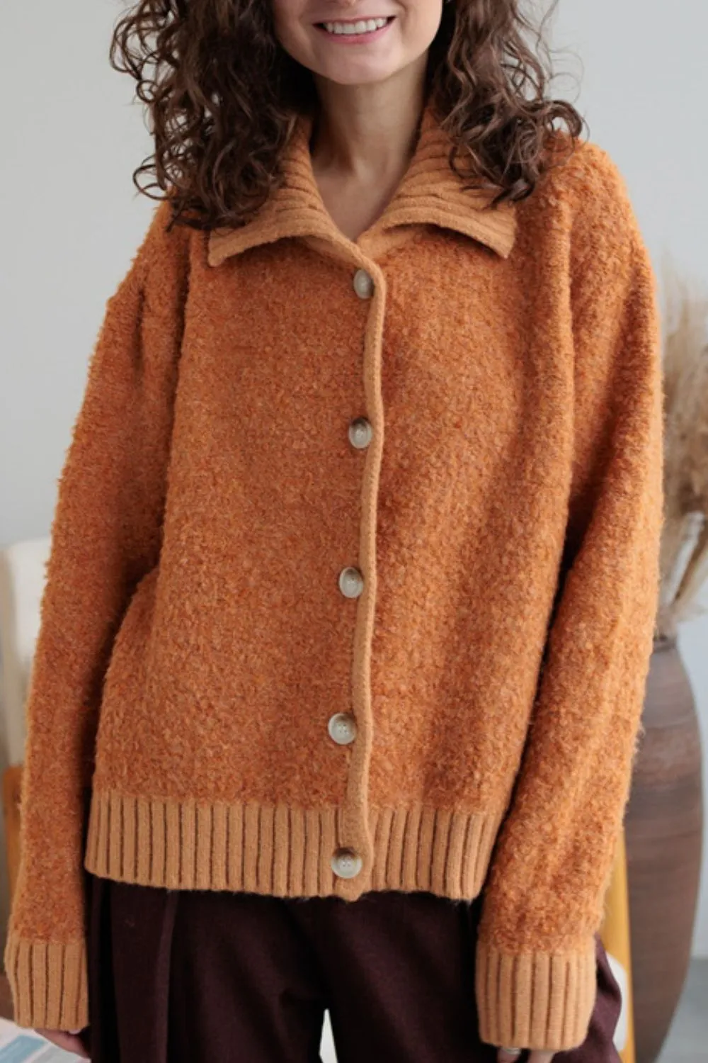 Collared Neck Button Down Long Sleeve Cardigan, image 2
