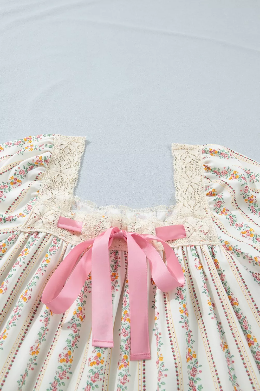 Multicolour Floral Print Contrast Ribbon Bow Lace Trim Square Neck Mini Dress, image 7