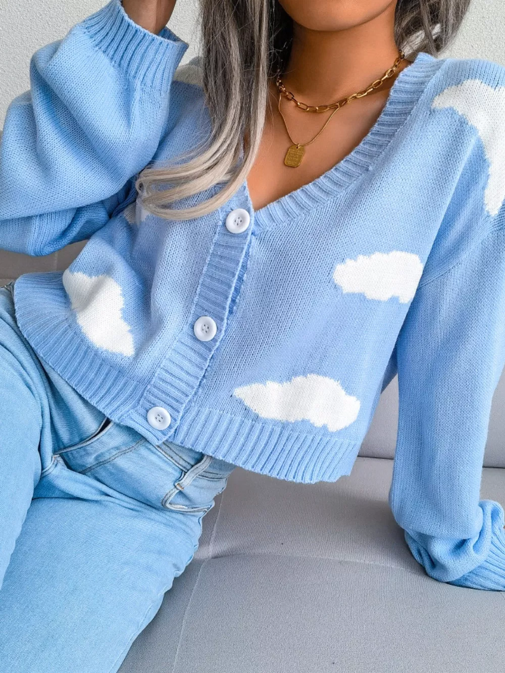 Cloud Pattern Button-Up Cropped Cardigan, image 15
