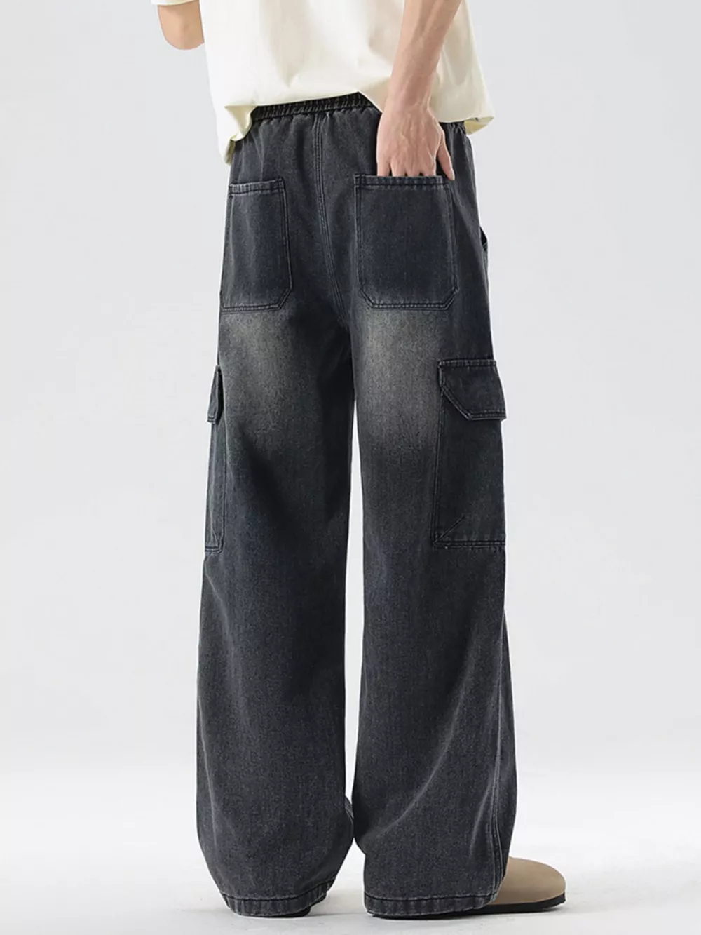 Men's Plus Size Wash Wide Leg Cargo Jeans, image 6
