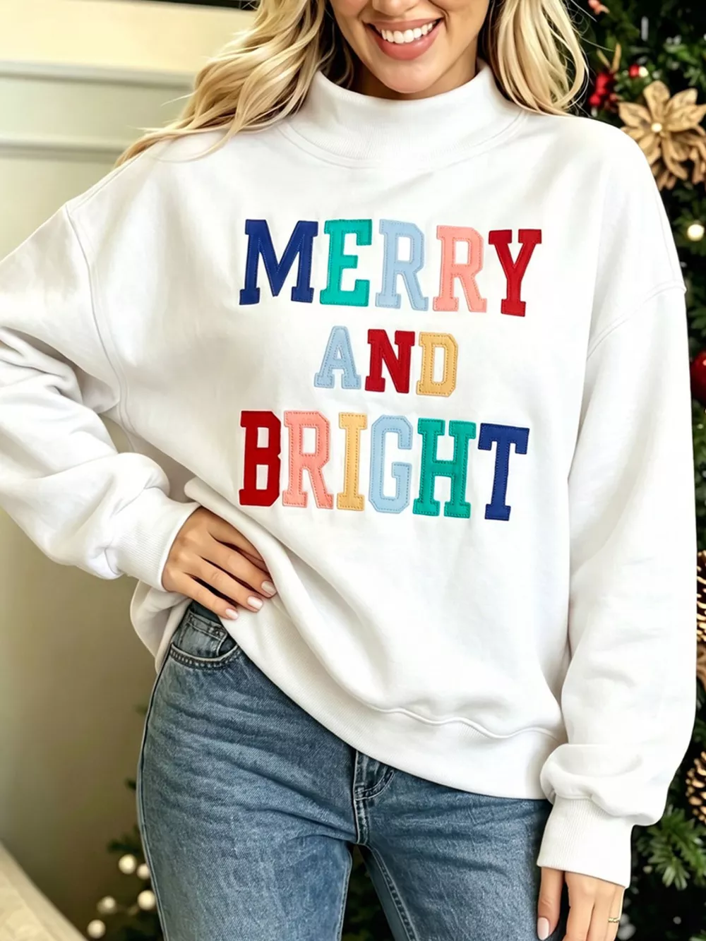 MERRY AND BRIGHT Stitched Letter Pattern Mock Neck Sweatshirt, image 2
