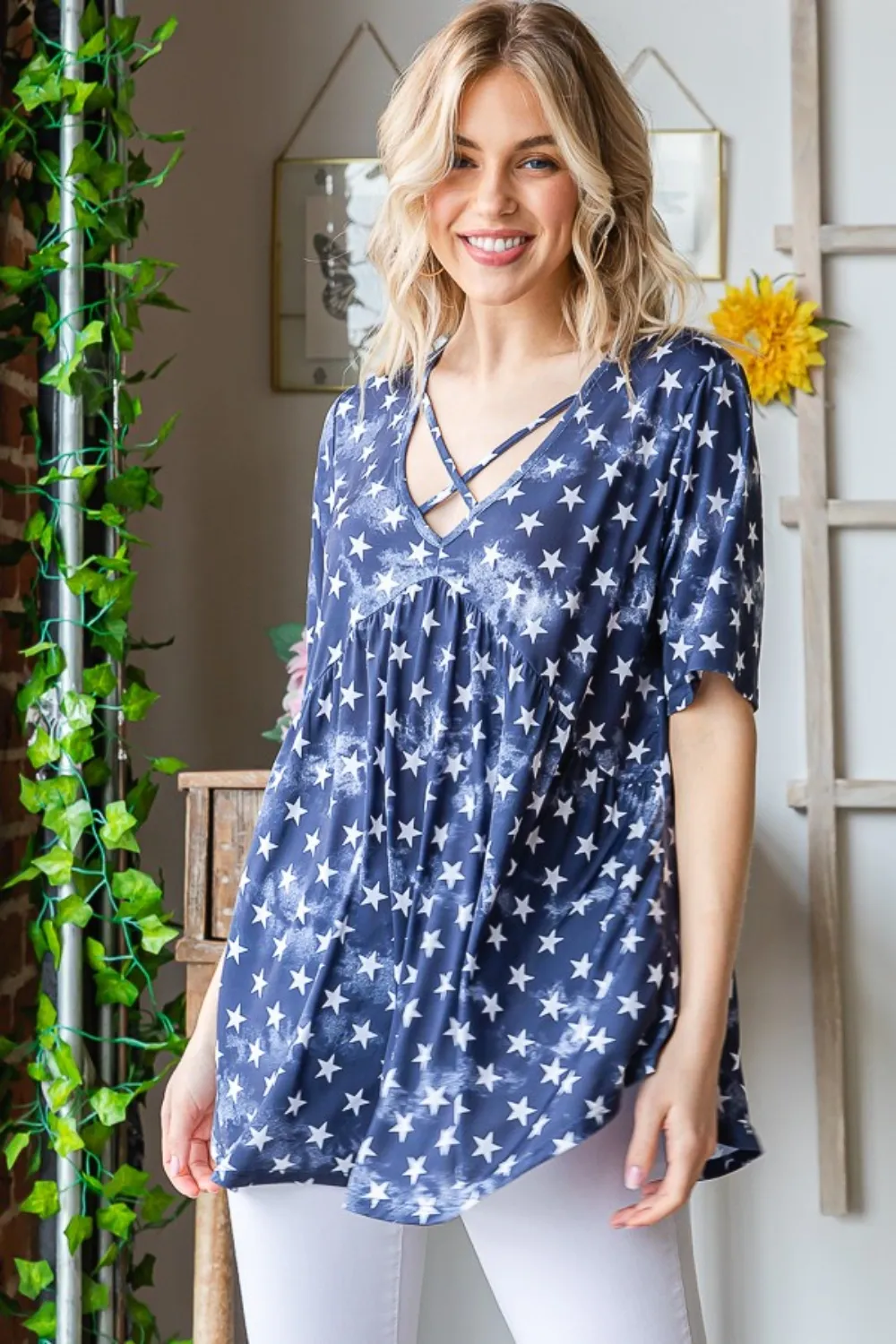 Full Size Short Sleeve Crisscross Star Babydoll Top, image 3