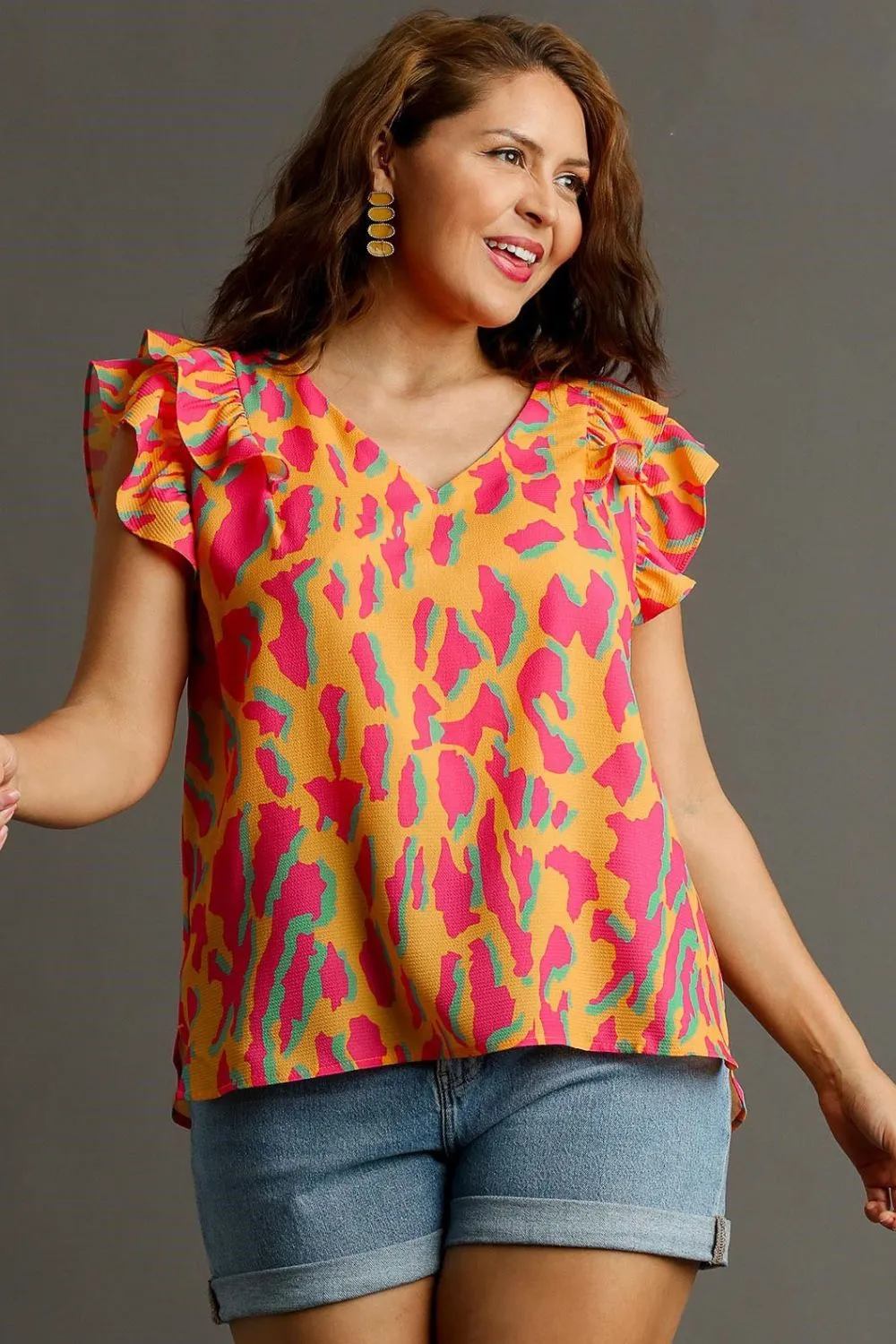 Full Size Abstract Print V-Neck Double Layer Ruffle Sleeve Blouse Plus Size, image 4