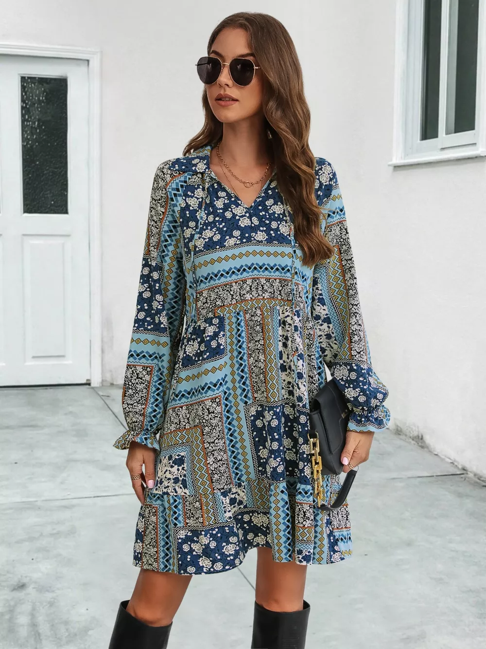 Boho Floral Print Long Sleeve Mini Dress, image 2