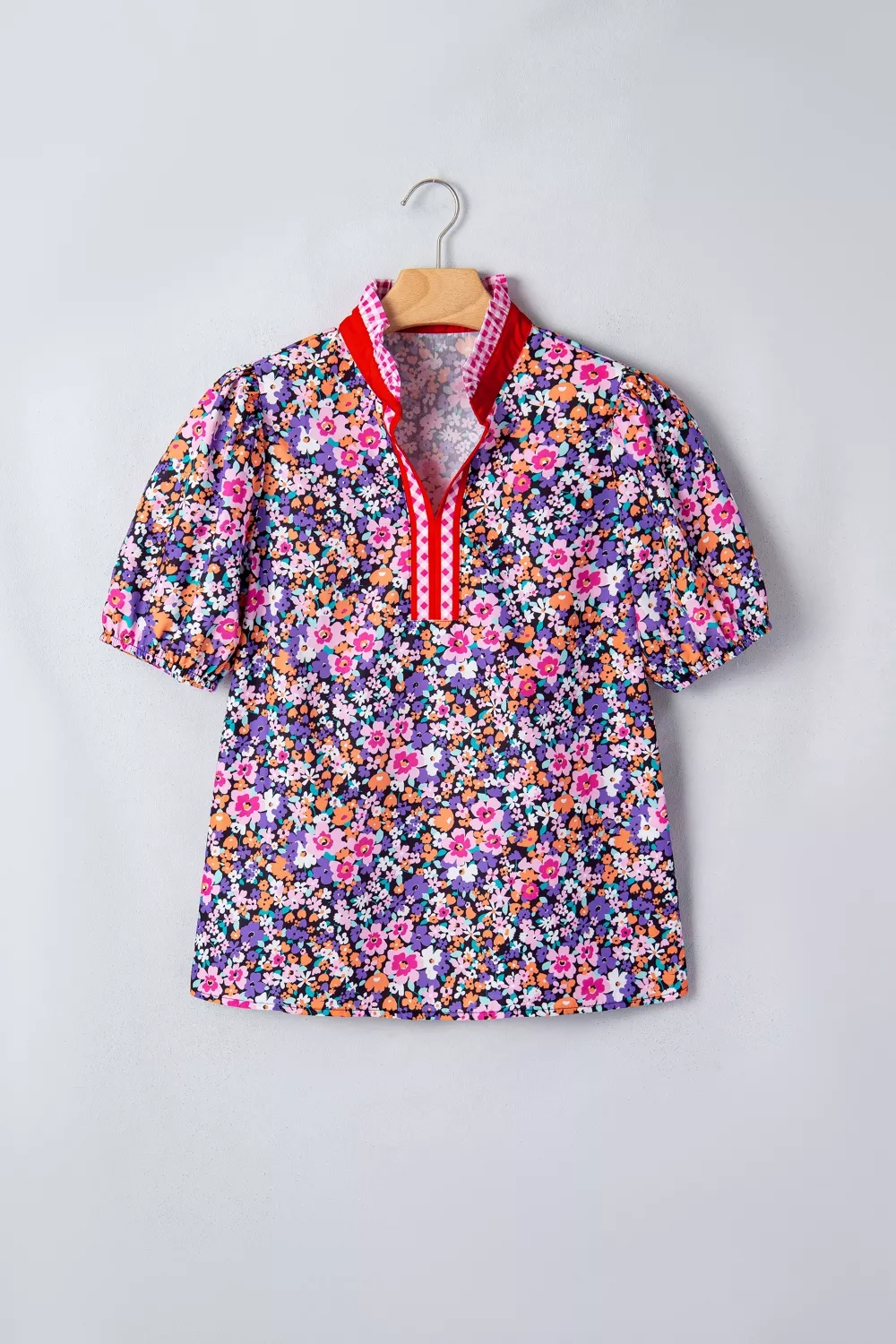 Ditsy Floral Print Plaid Colorblock Trim V Neck Blouse, image 5