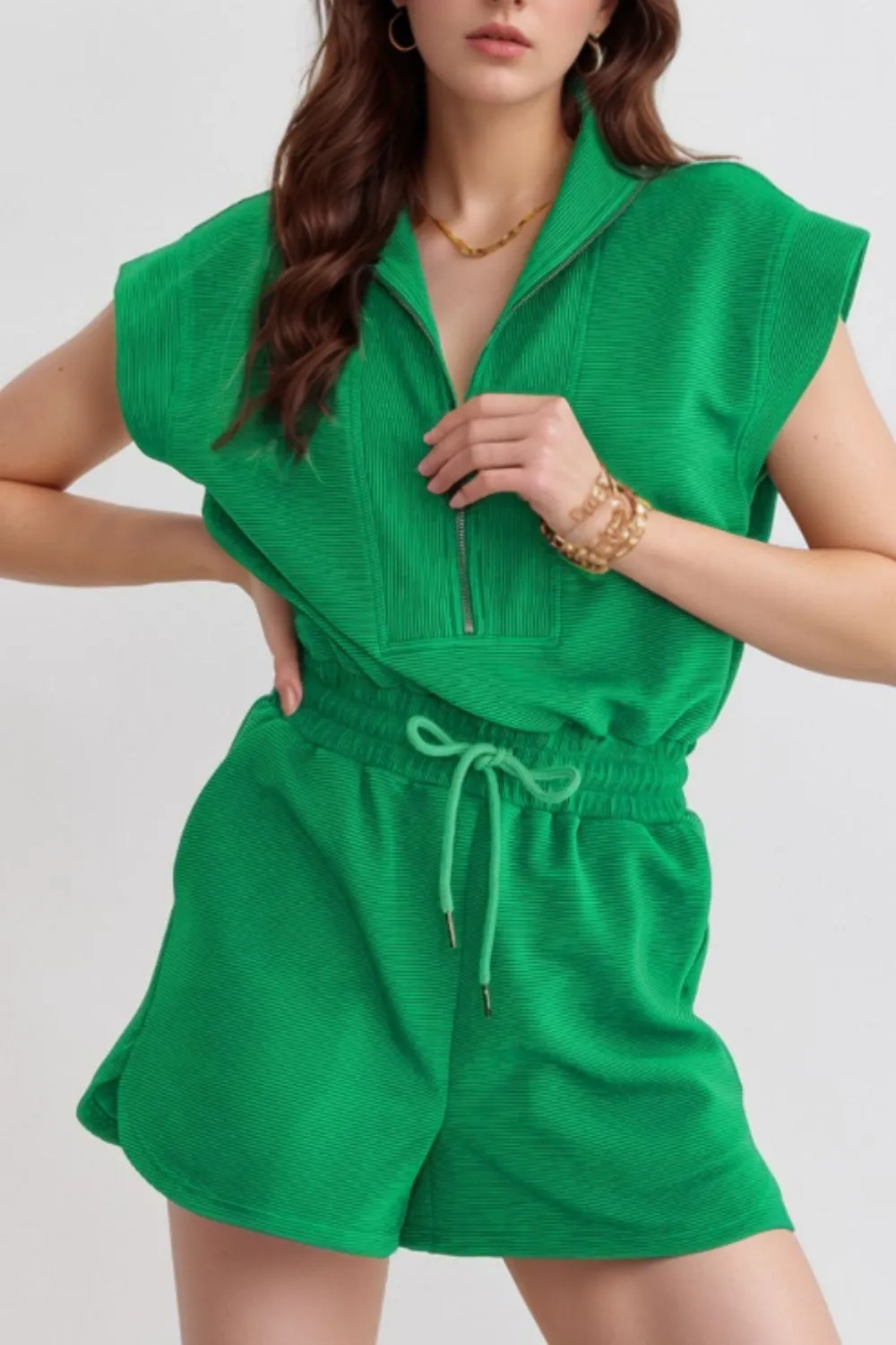 Drawstring Waist Half Zip Romper, image 2