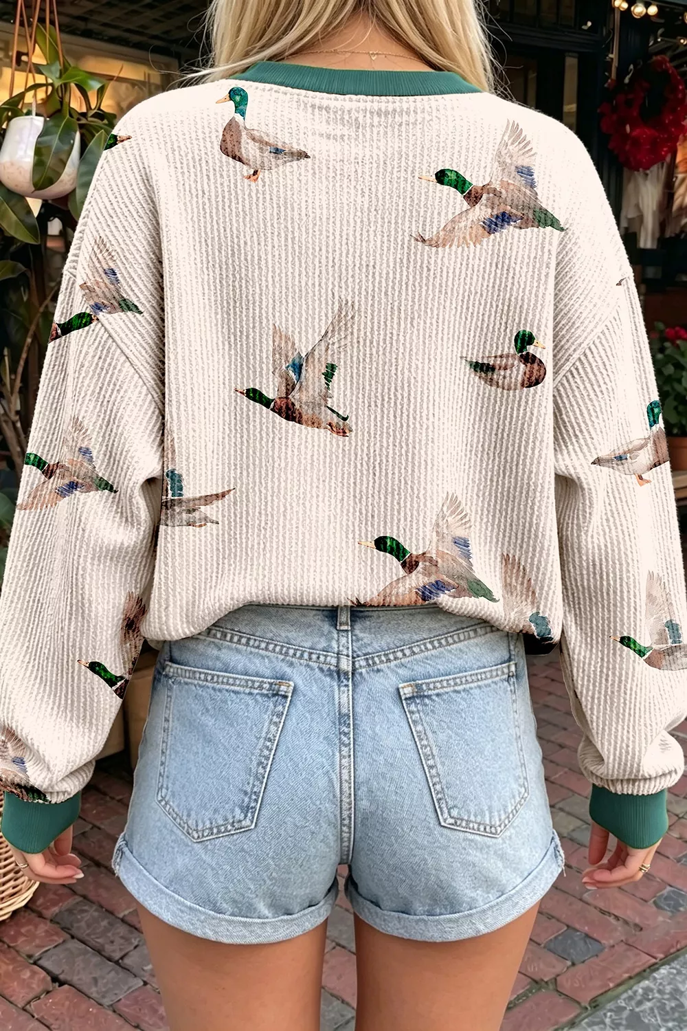 Twisted Ribbed Duck Print Crewneck Casual Pullover Top, image 2