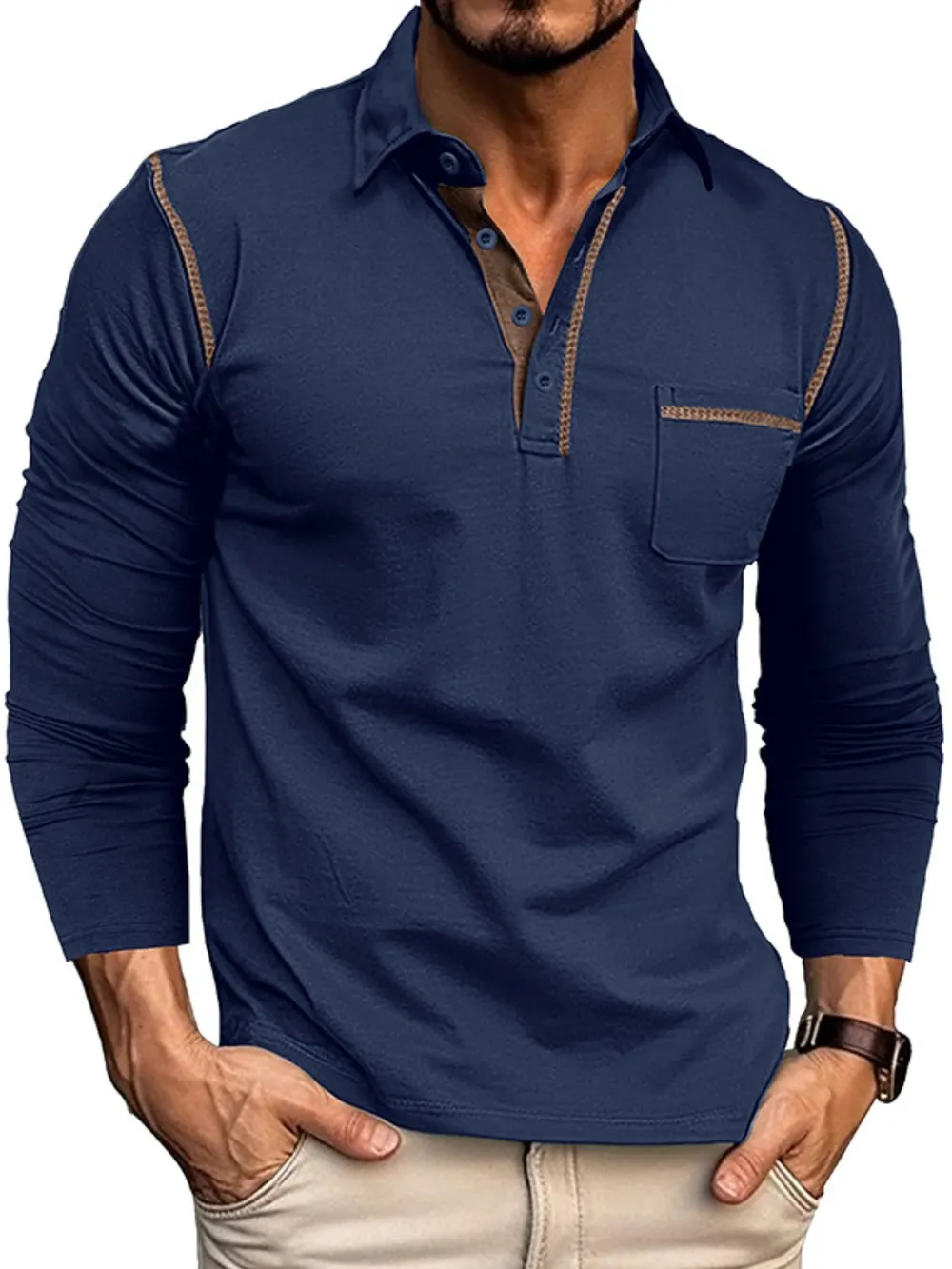 Men's Long Sleeve Polo Shirt with Contrast Stitching, image 8