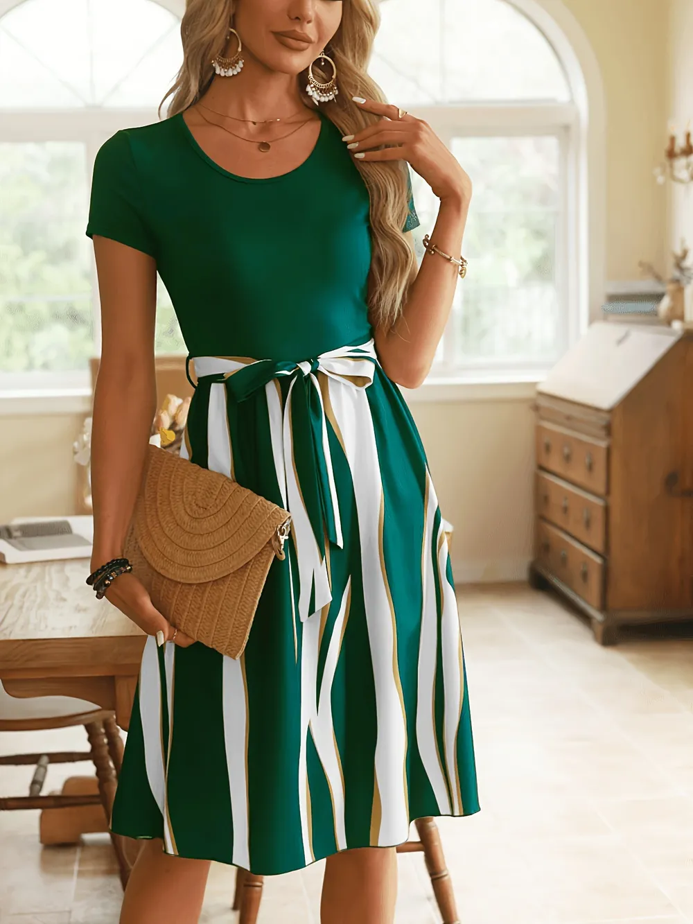Striped Short Sleeve Tie Waist Dress, image 4