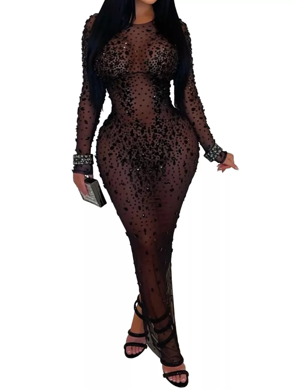Sheer Mesh Rhinestone Embellished Long Sleeve Evening Dress, image 3