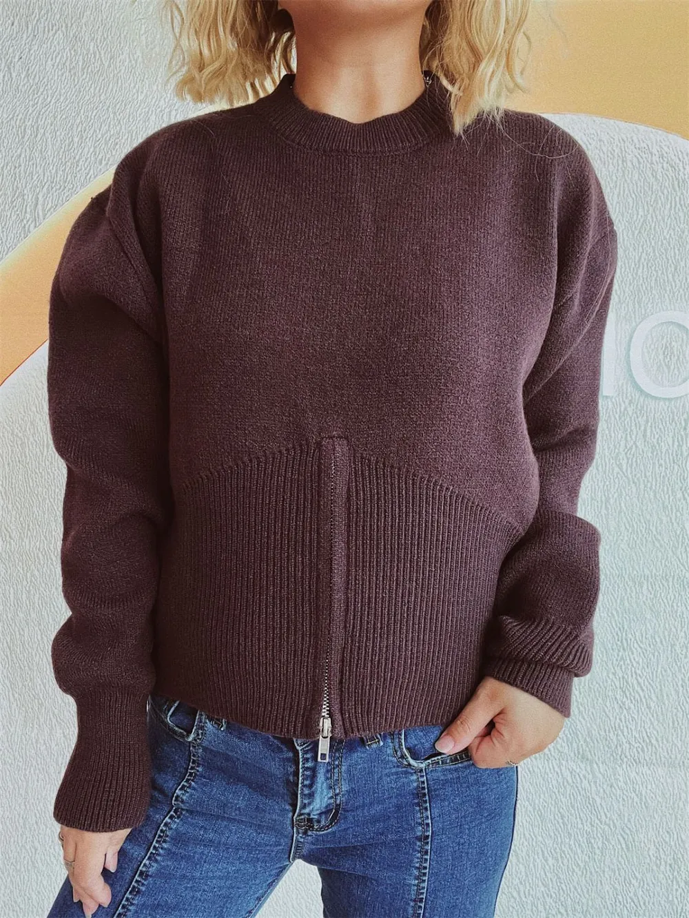 Round Neck Half Zip Long Sleeve Sweater, image 12