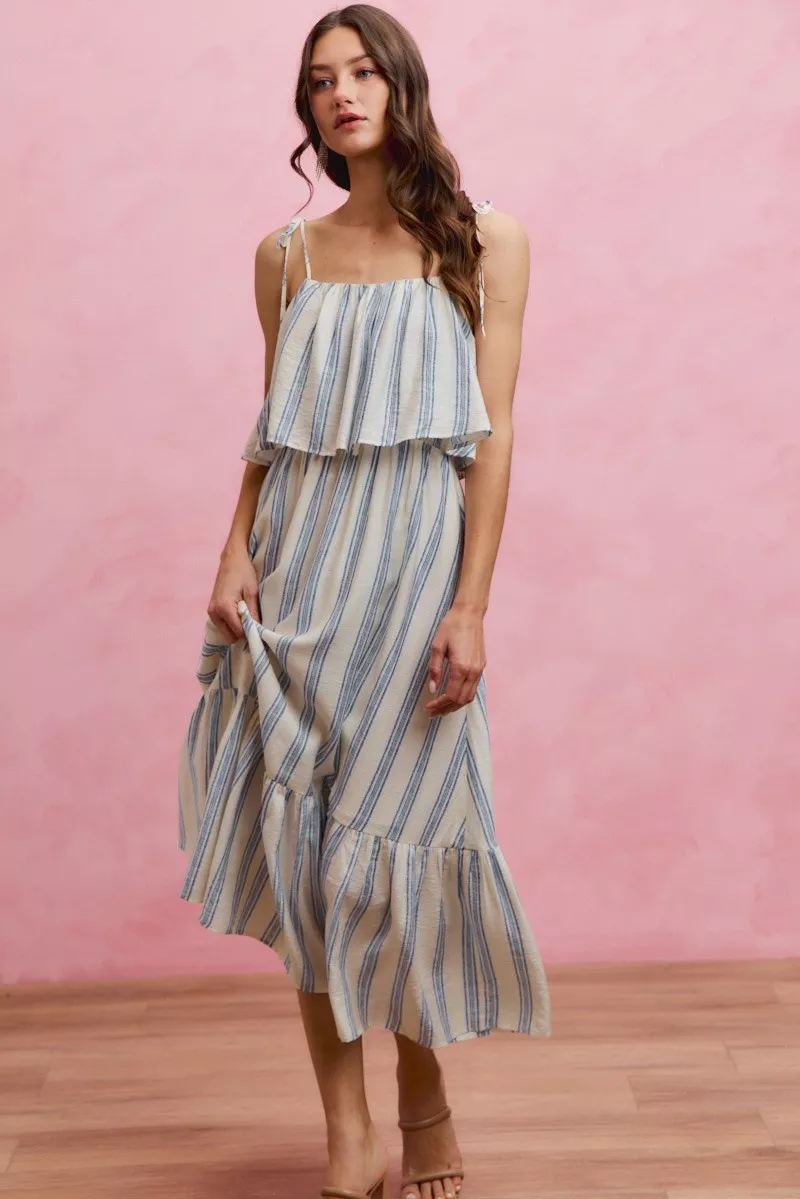 Stripe Tiered Shoulder Tie Midi Lined Dress, image 12