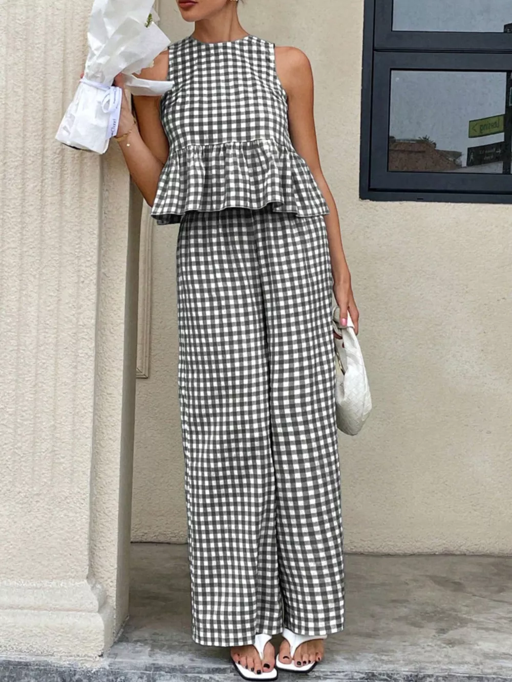 Gingham Sleeveless Top and Wide-Leg Pants Set, image 6