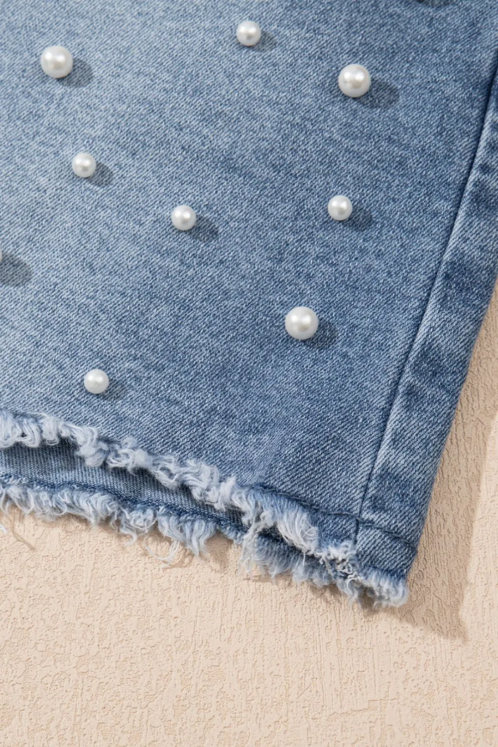 Pearl Beaded Raw Hem Wash Denim Shorts, image 4