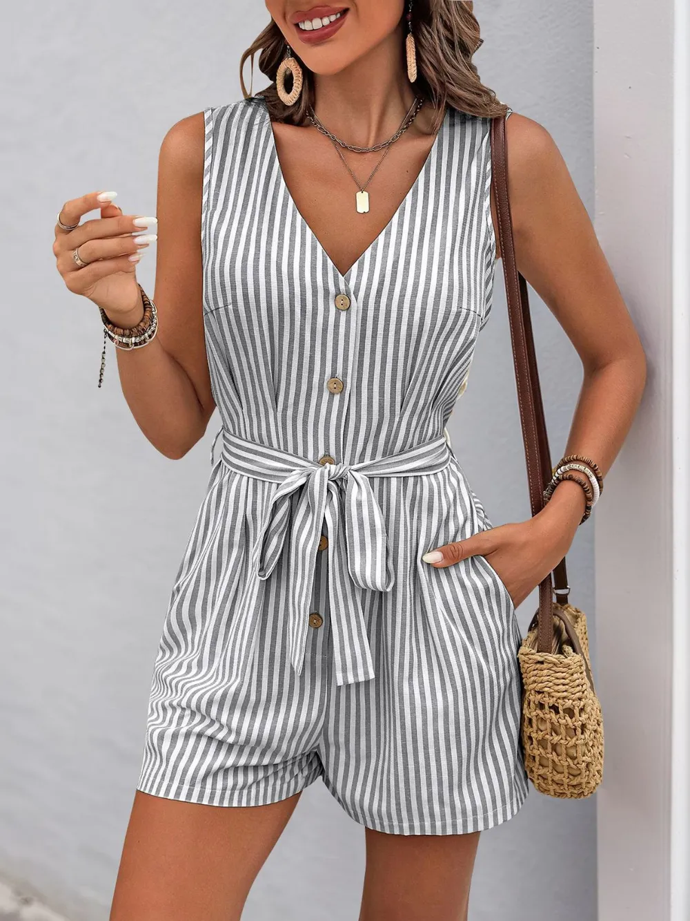 Striped V-Neck Tie Waist Romper, image 8