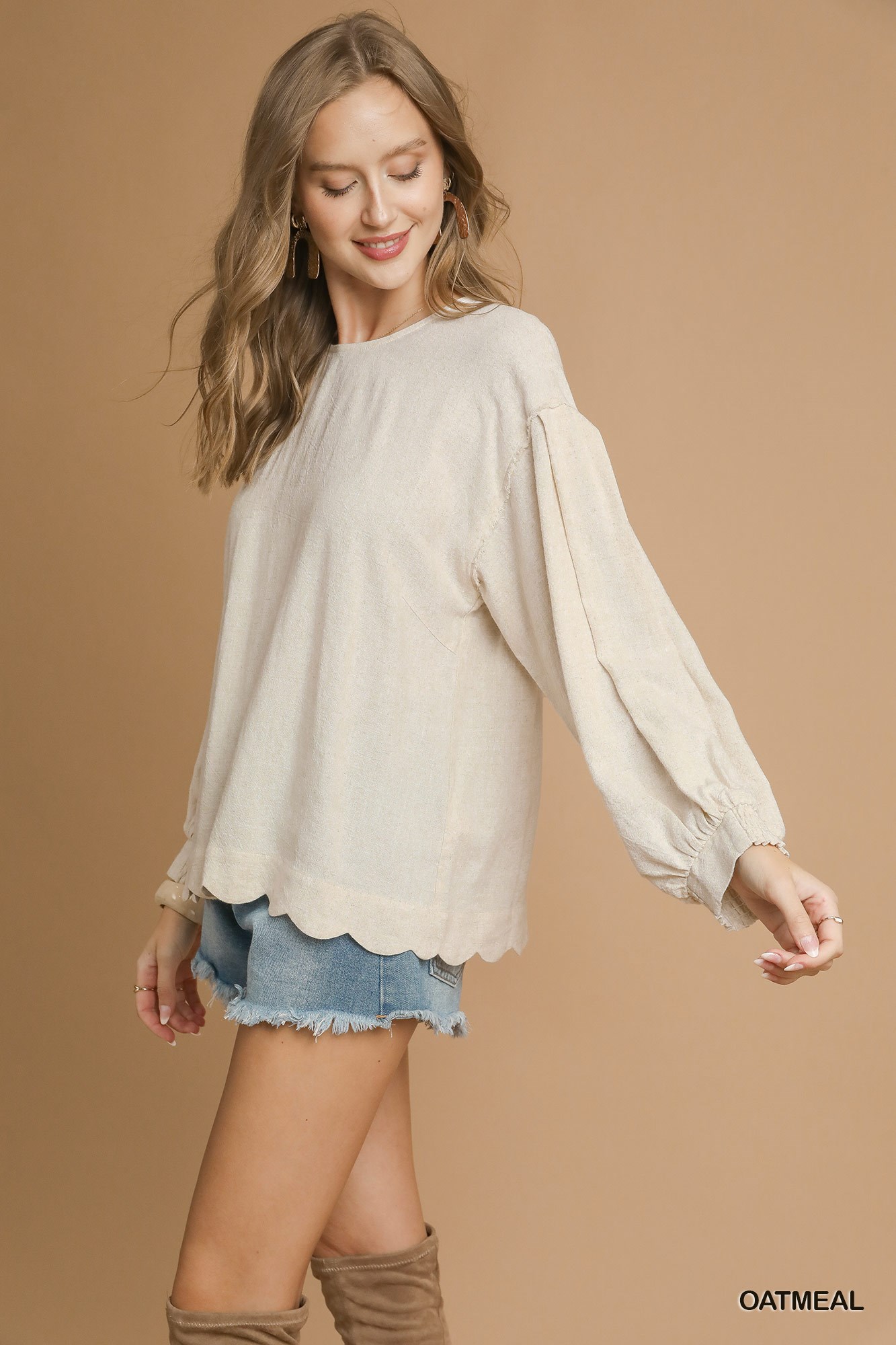 Linen Scallop Hem Long Sleeve Blouse, image 2