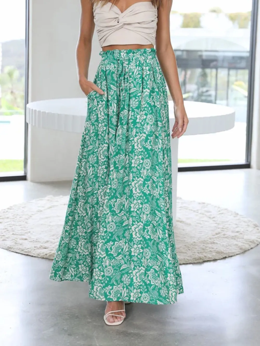 Drawstring Paperbag Waist Printed Wide Leg Pants, image 4