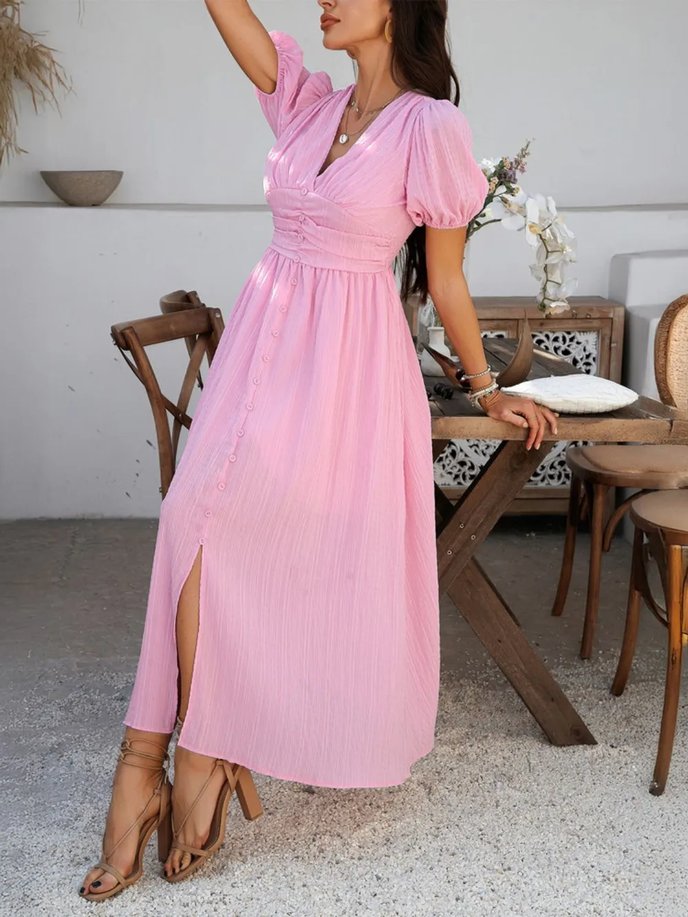 V-Neck Puff Short Sleeve Midi Dress, image 9