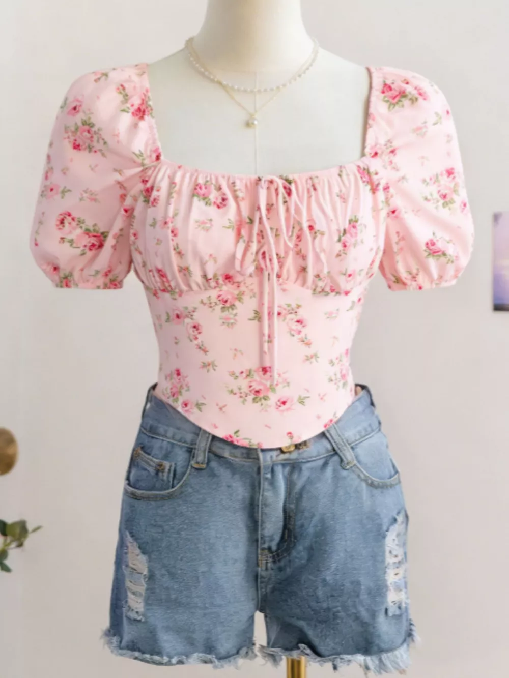 Floral Print Tie Front Puff Sleeve Blouse, image 2