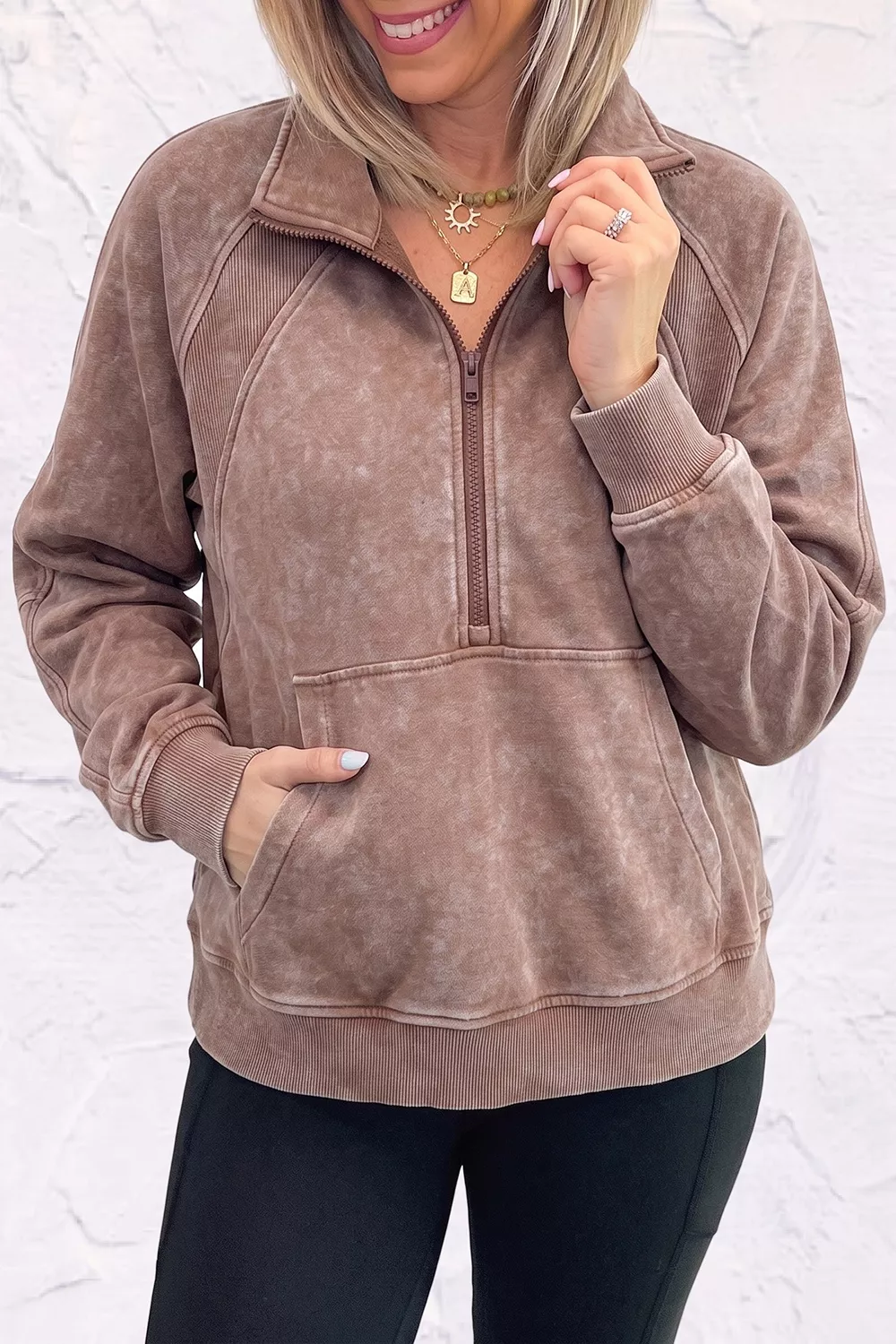 Vintage Half-Zip Long Sleeve Ribbed Cuffs Hem Shift Silhouette Sweatshirt, image 4
