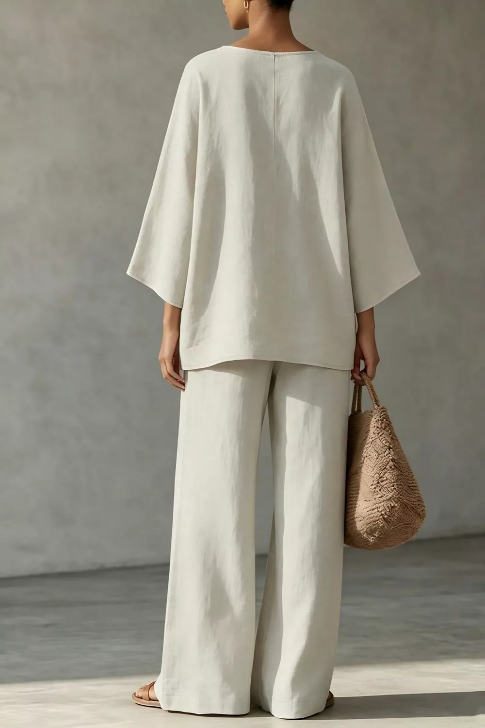 Linen Boat Neck Top and Wide-Leg Pants Set, image 2