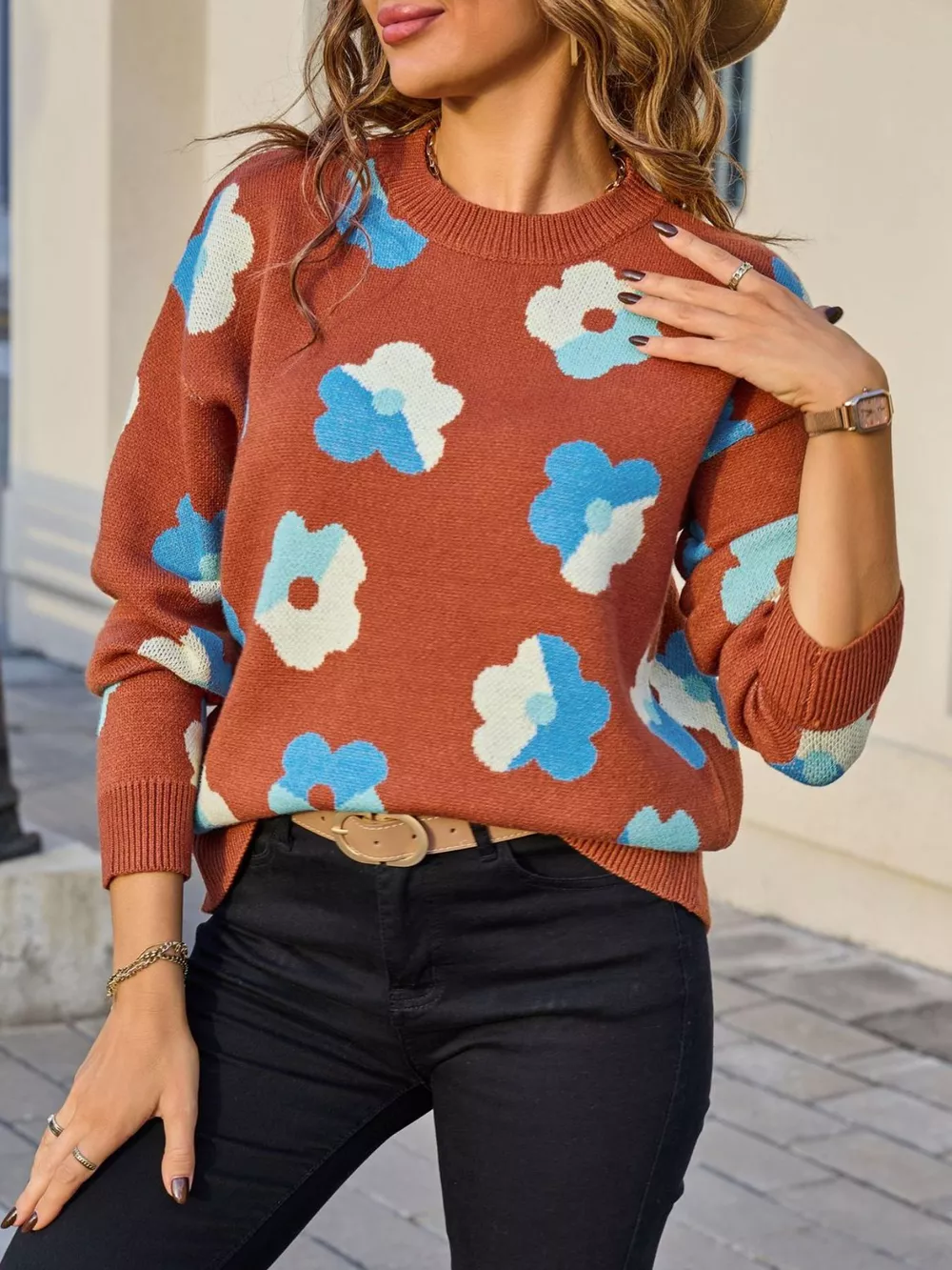 Floral Crew Neck Long Sleeve Sweater, image 2