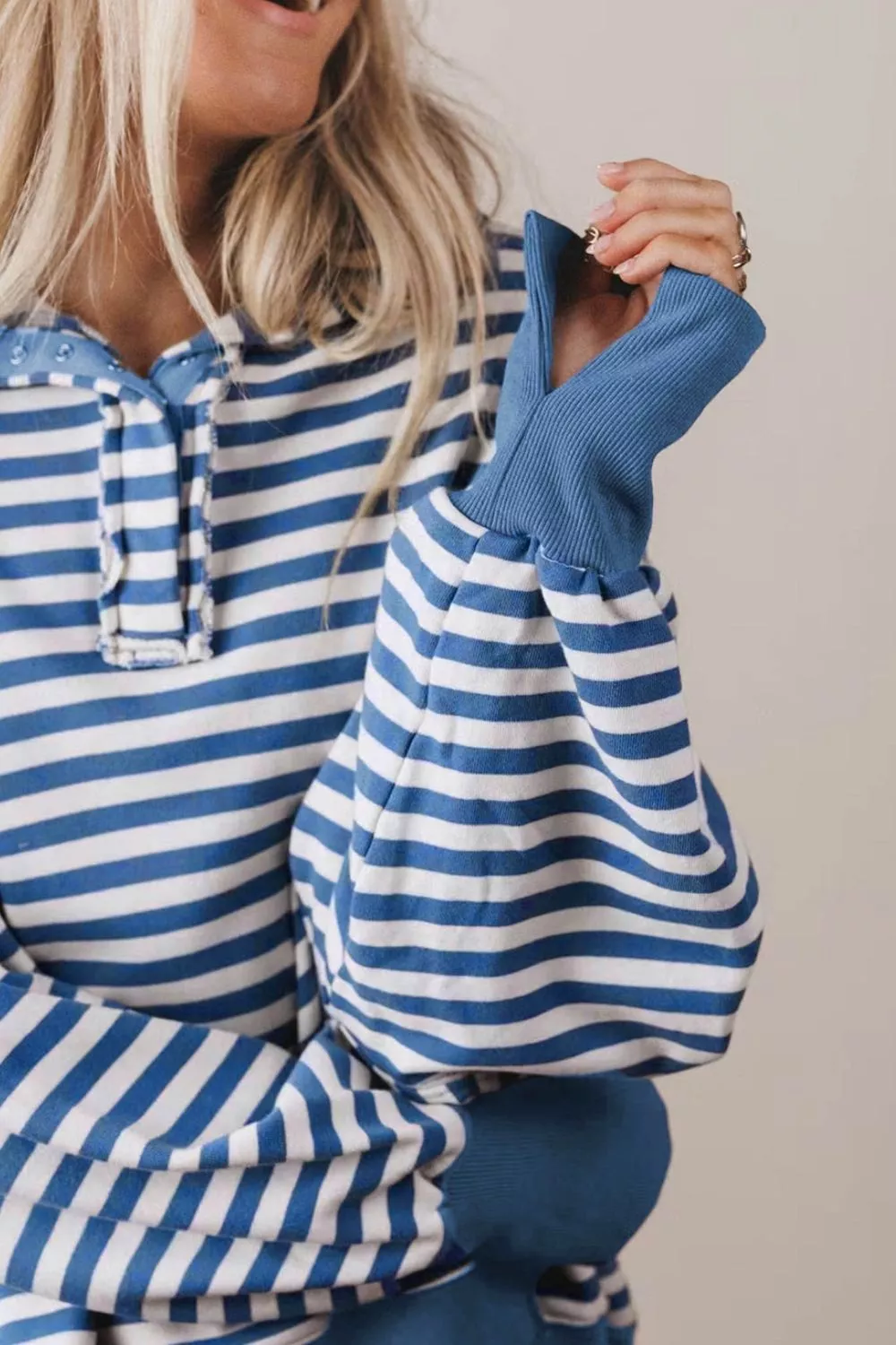 Stripe Color Block Trim Raw Seam Split Hem Loose Sweatshirt, image 8