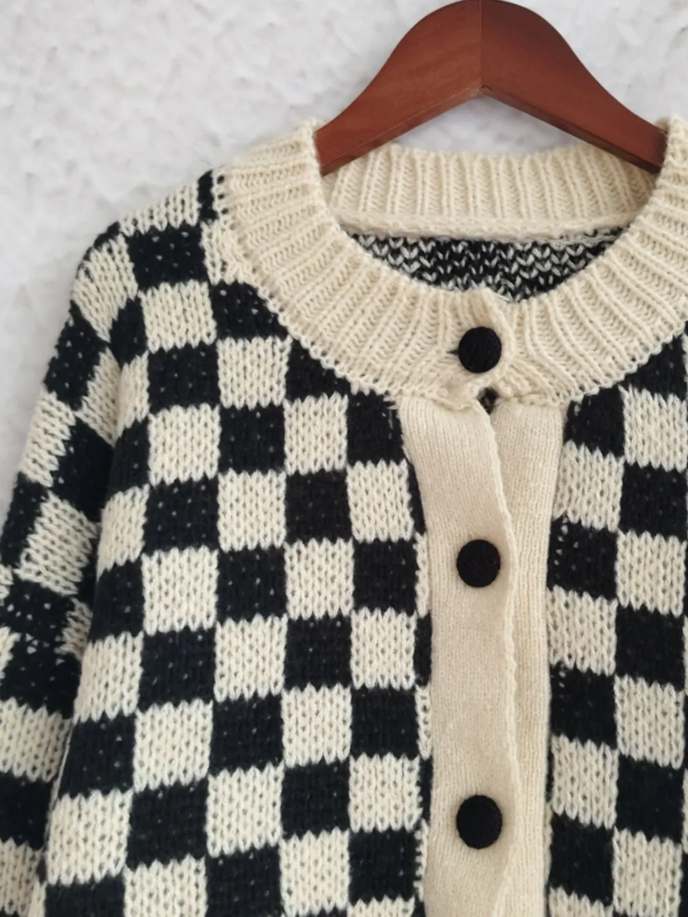 Checkered Button Up Round Neck Cardigan, image 6