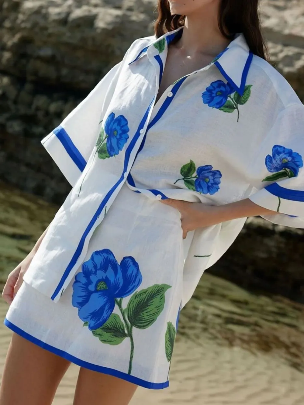 Floral Print Button-Up Shirt and Mini Skirt Set, image 3