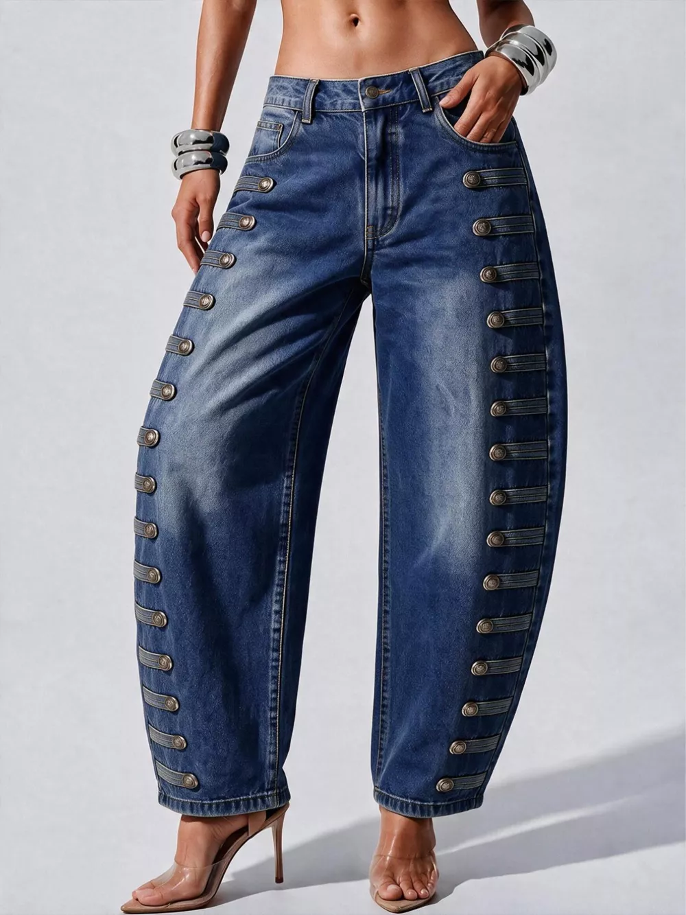 Decorative Button Wide Leg Jeans, image 5