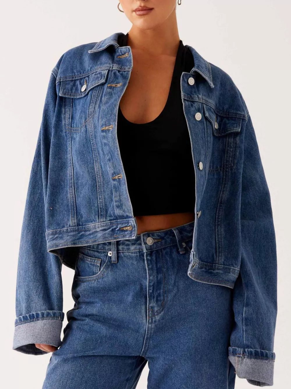Button Down Cropped Oversized Denim Jacket, image 9
