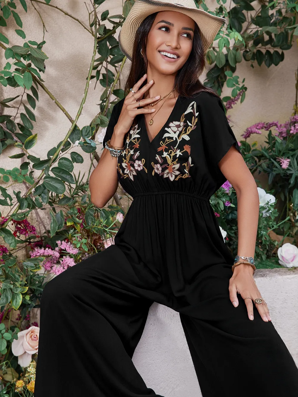 Embroidered Ruched Short Sleeve Jumpsuit, image 4