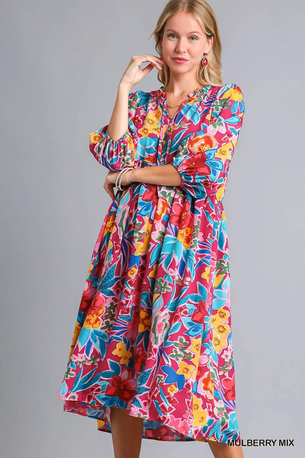 Full Size Floral Print Tie Neck Midi Dress with Pockets Plus Size