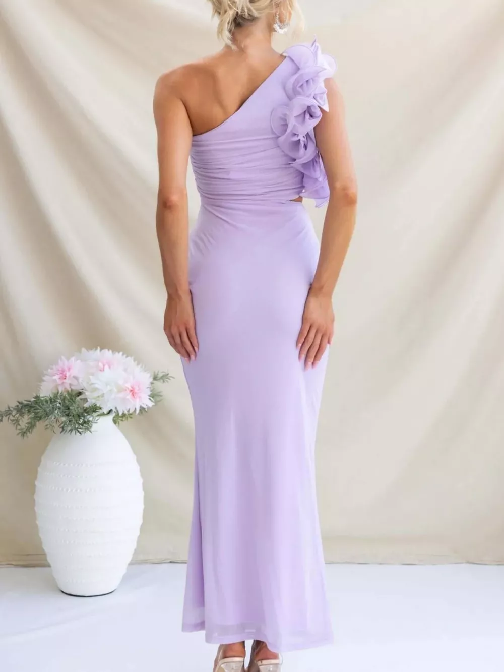 One-Shoulder Floral Trim Sleeveless Maxi Dress, image 17