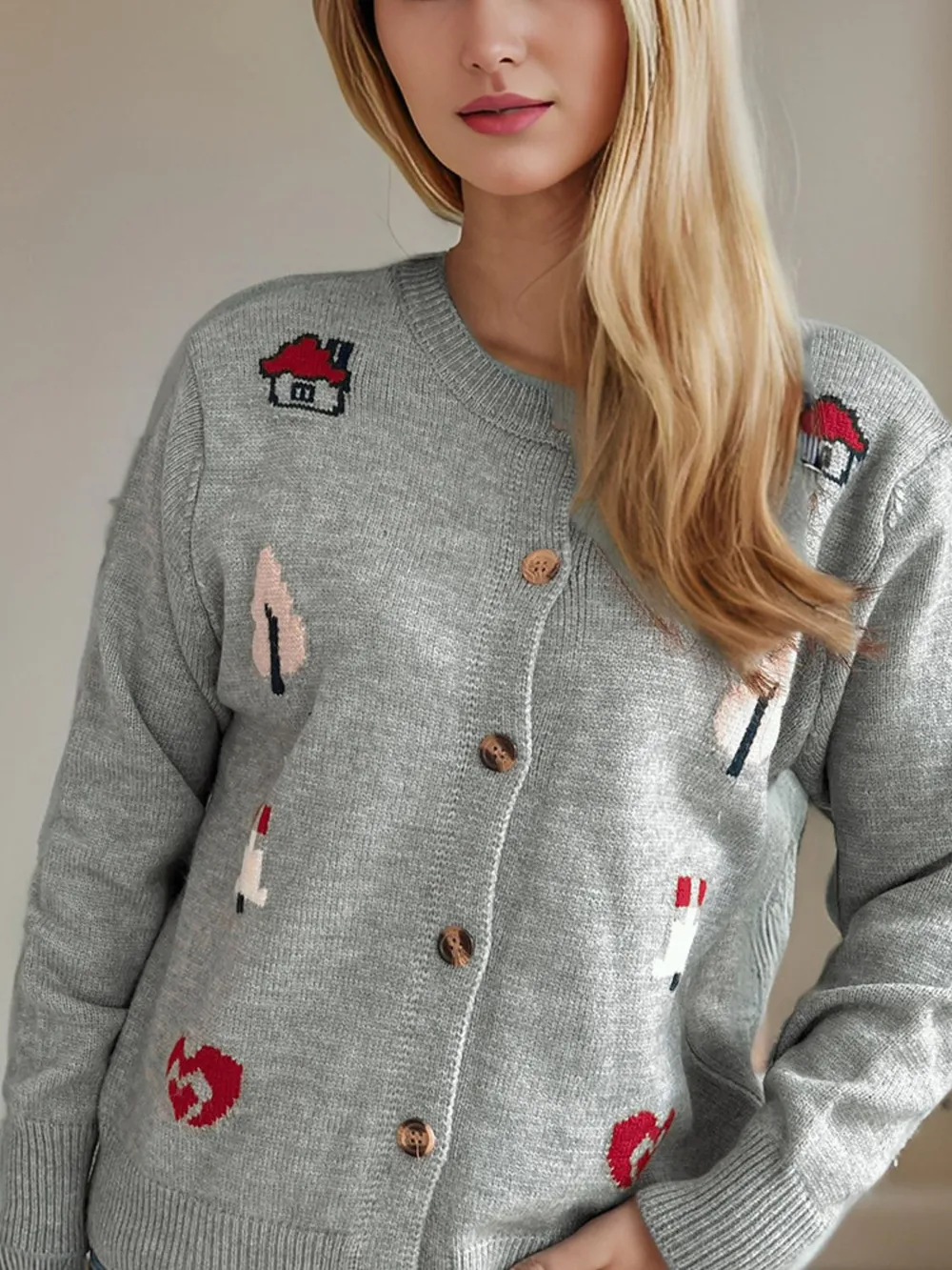 Button Up Round Neck Long Sleeve Cardigan, image 8