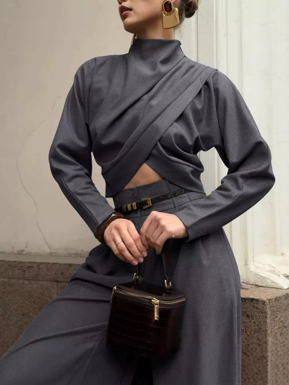 Draped Crop Top and Wide-Leg Pants Set, image 5