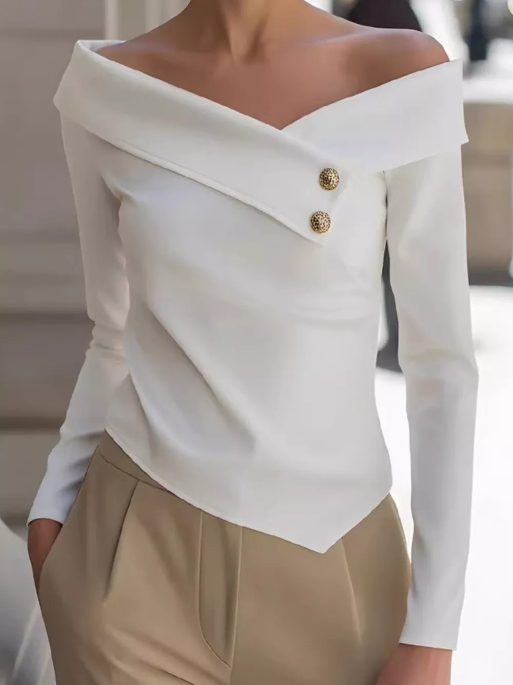 Elegant Off-the-Shoulder Blouse with Decorative Buttons, image 2