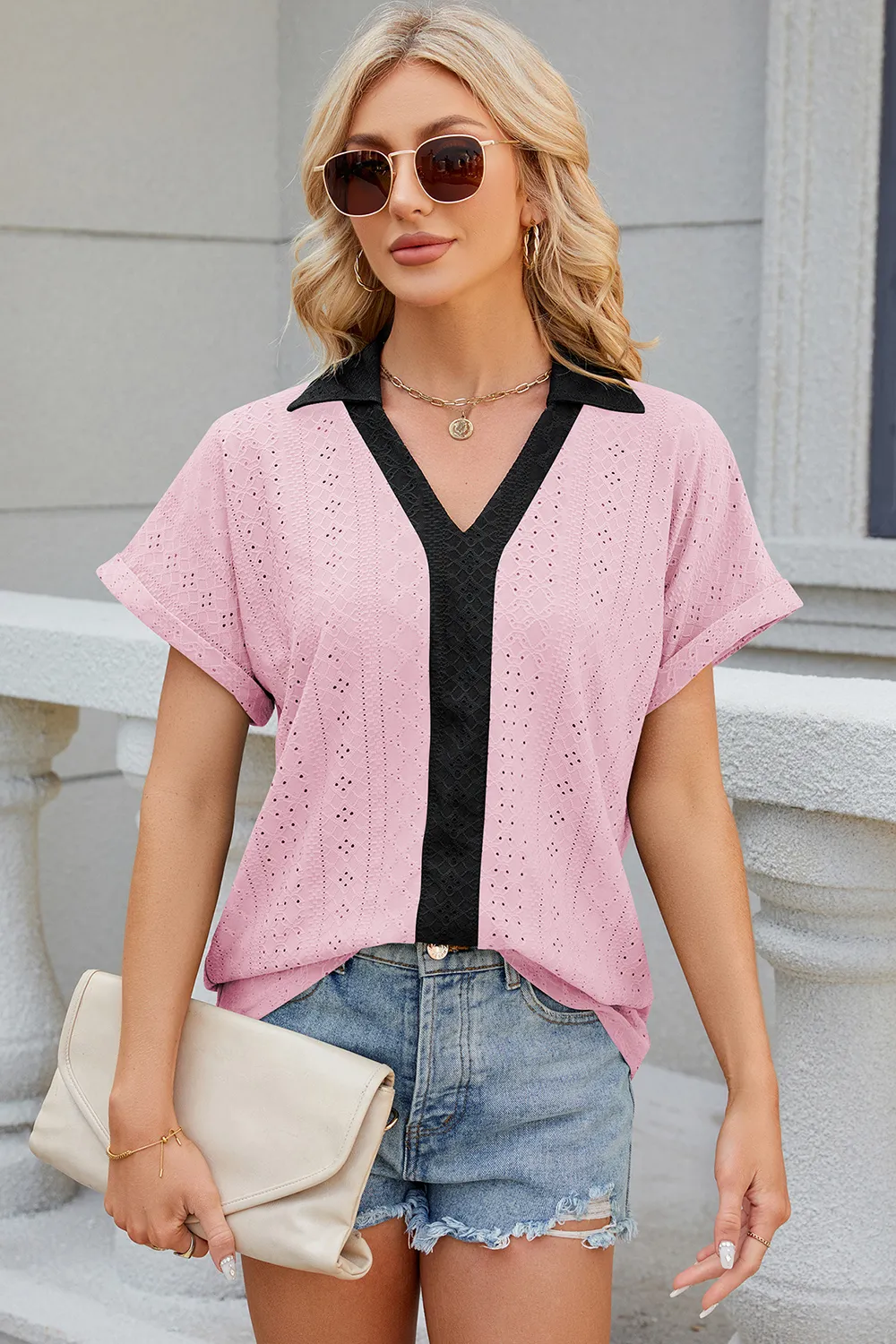 Eyelet Johnny Collar Short Sleeve T-Shirt, image 16